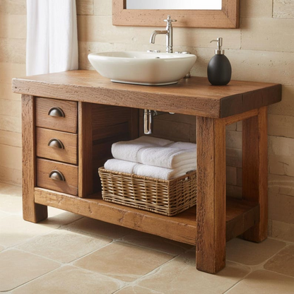 Handcrafted Solid Wood Bathroom Vanity, Rustic Console with 3 Drawers & Shelf Kitchnce