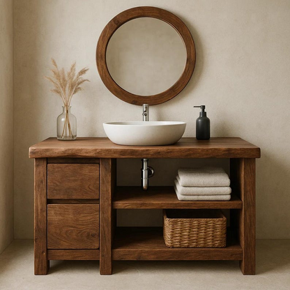Handcrafted Solid Wood Bathroom Vanity, Freestanding Rustic Console with Live Edge Top Kitchnce