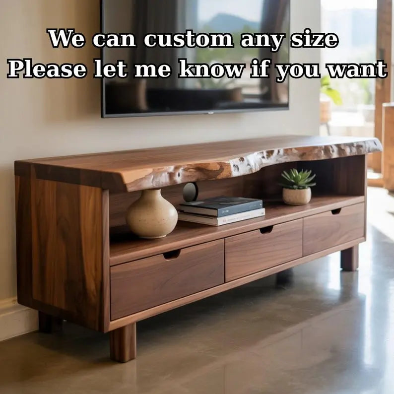 Handcrafted Solid Wood TV Stand, Modern Live Edge Media Console with Storage Legs Kitchnce