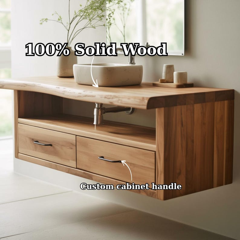 Handcrafted Solid Wood Floating Vanity, Organic Live Edge Two-Tier Console Kitchnce
