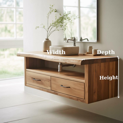 Handcrafted Solid Wood Floating Vanity, Organic Live Edge Two-Tier Console Kitchnce