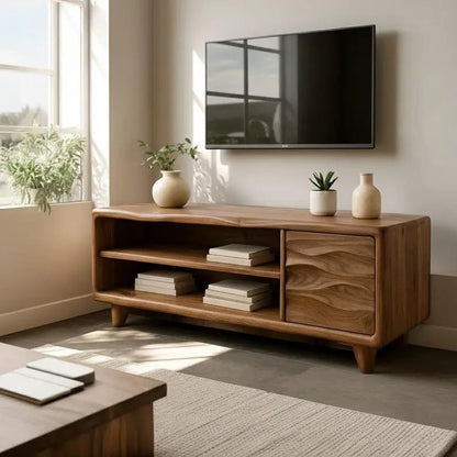 Handcrafted Solid Wood TV Stand, Mid-Century Console with Wave Cabinet Door Kitchnce