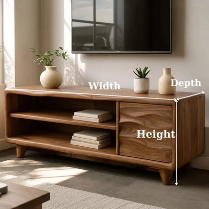 Handcrafted Solid Wood TV Stand, Mid-Century Console with Wave Cabinet Door Kitchnce