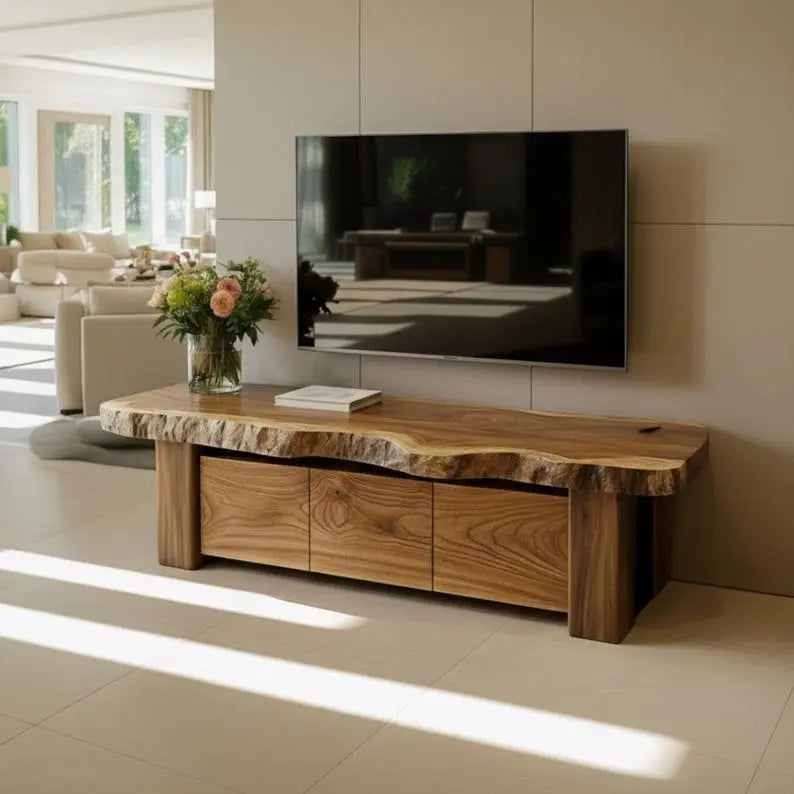 Handcrafted Solid Wood TV Stand, Rustic Live Edge Media Console with 3 Drawers Kitchnce