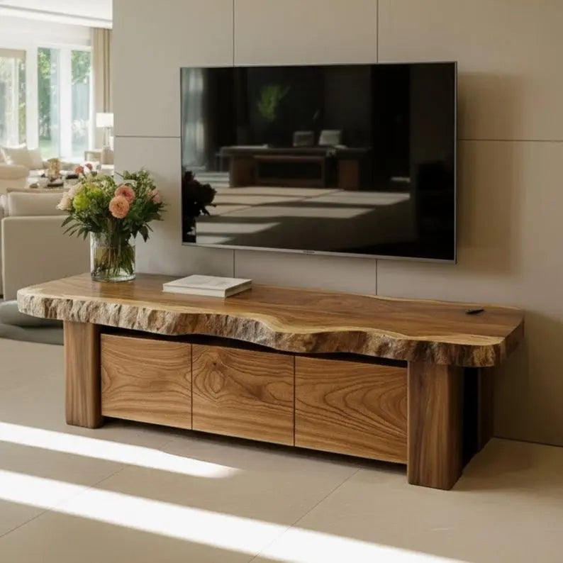 Handcrafted Solid Wood TV Stand, Rustic Live Edge Media Console with 3 Drawers Kitchnce