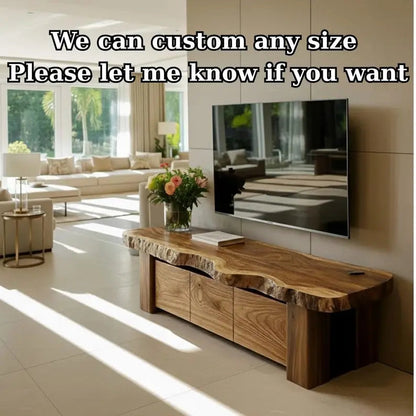 Handcrafted Solid Wood TV Stand, Rustic Live Edge Media Console with 3 Drawers Kitchnce