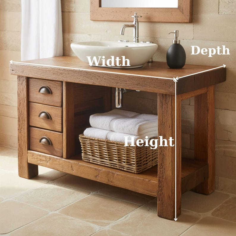 Handcrafted Solid Wood Bathroom Vanity, Rustic Console with 3 Drawers & Shelf Kitchnce