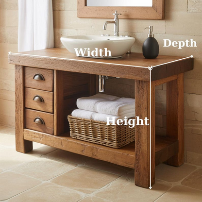Handcrafted Solid Wood Bathroom Vanity, Rustic Console with 3 Drawers & Shelf Kitchnce