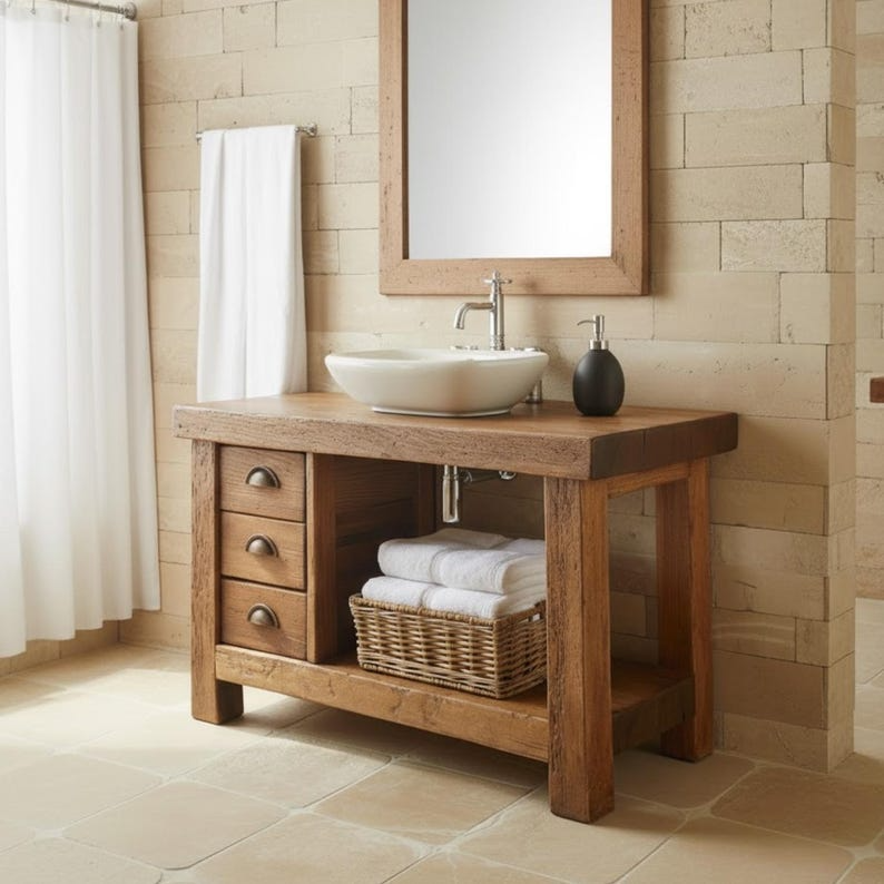 Handcrafted Solid Wood Bathroom Vanity, Rustic Console with 3 Drawers & Shelf Kitchnce