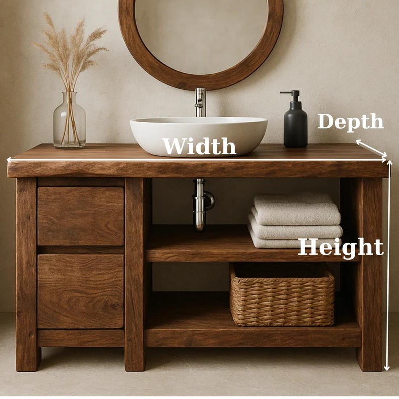 Handcrafted Solid Wood Bathroom Vanity, Freestanding Rustic Console with Live Edge Top Kitchnce