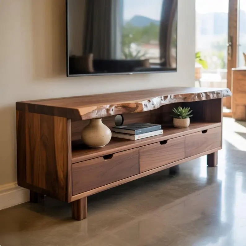 Handcrafted Solid Wood TV Stand, Modern Live Edge Media Console with Storage Legs Kitchnce