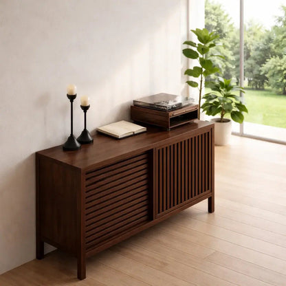Modern Console Table with Sliding Slatted Doors Kitchnce