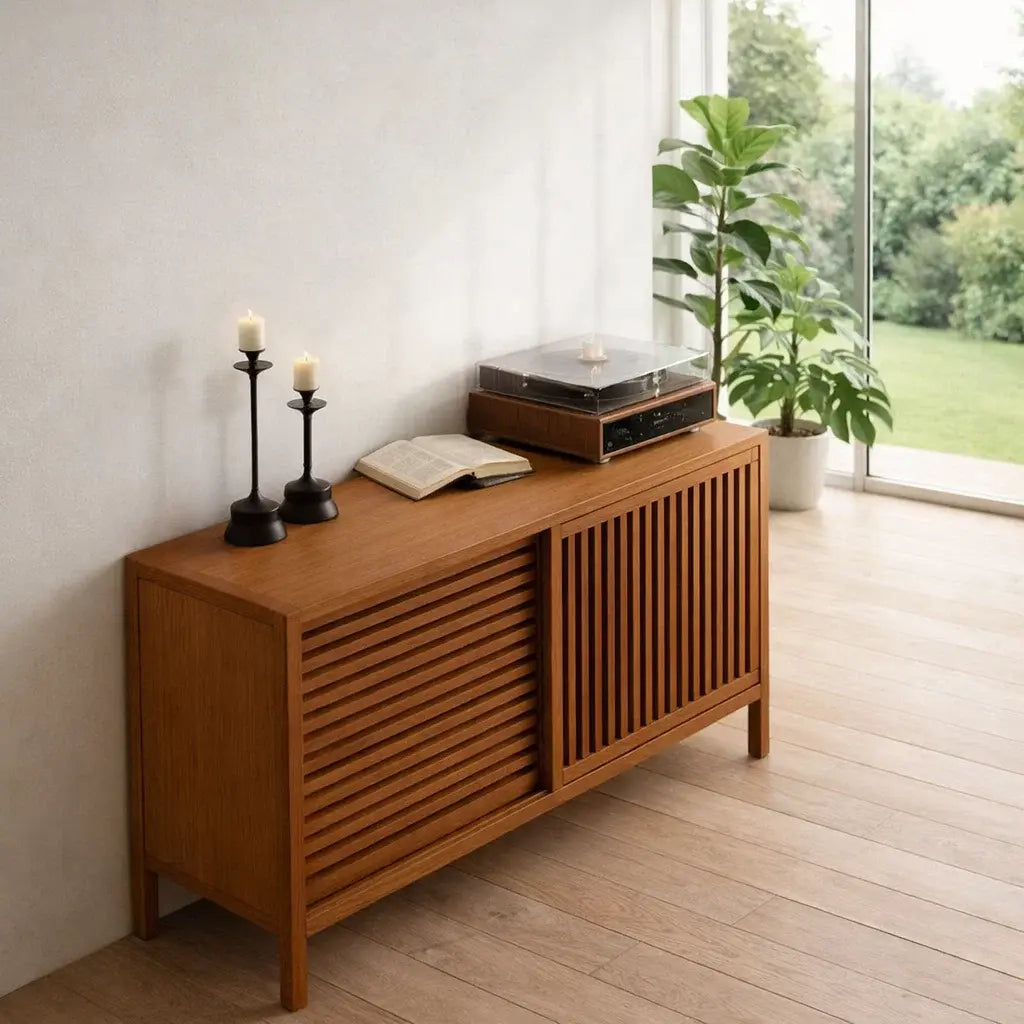 Modern Console Table with Sliding Slatted Doors Kitchnce