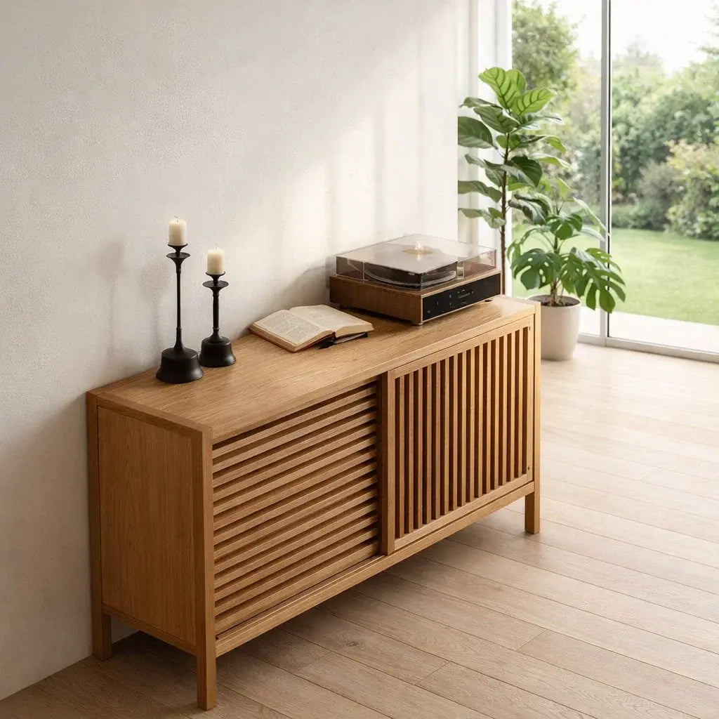 Modern Console Table with Sliding Slatted Doors Kitchnce
