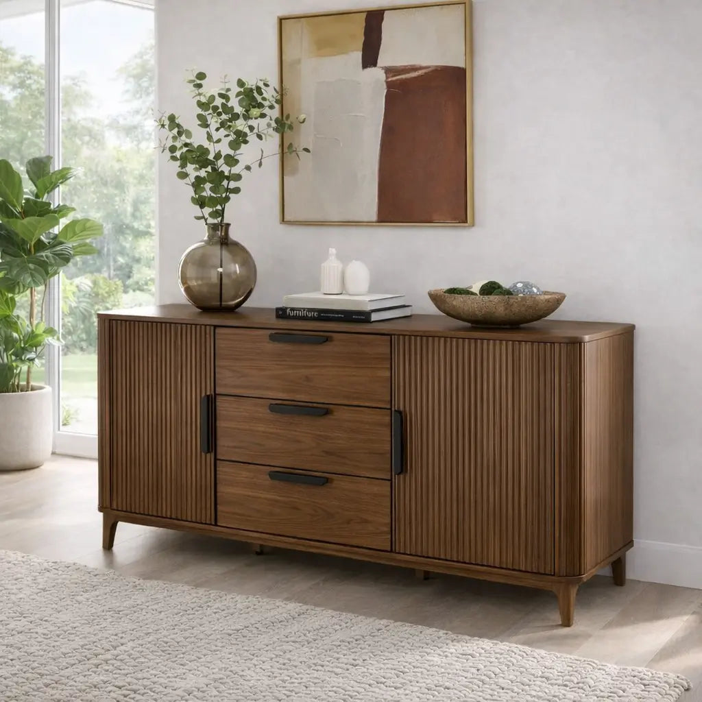 Modern Console Table with Fluted Doors & Drawers Kitchnce