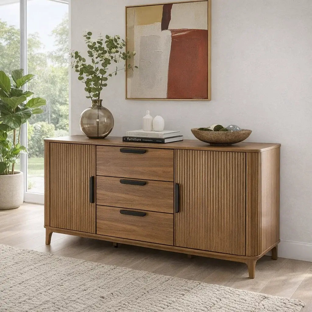 Modern Console Table with Fluted Doors & Drawers Kitchnce