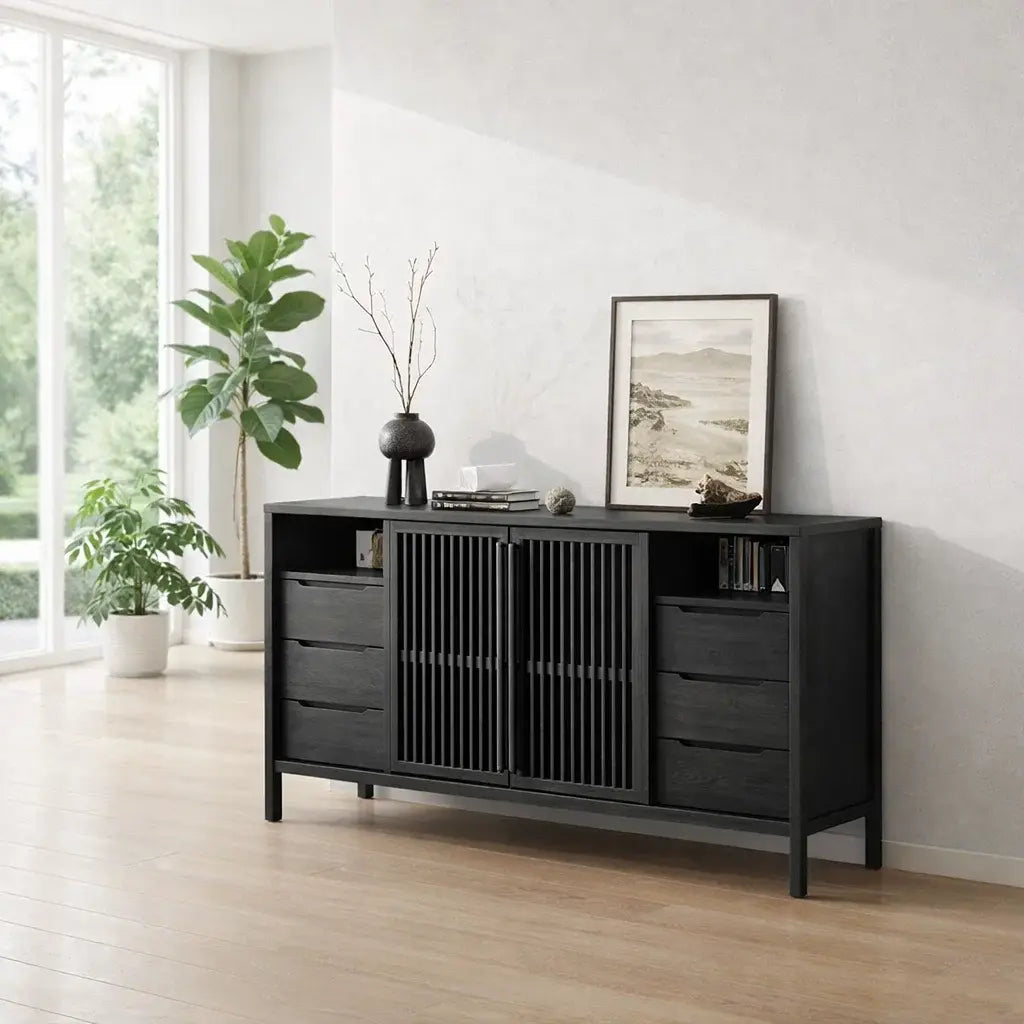 Modern Console Table with Slatted Doors & Multiple Drawers Kitchnce