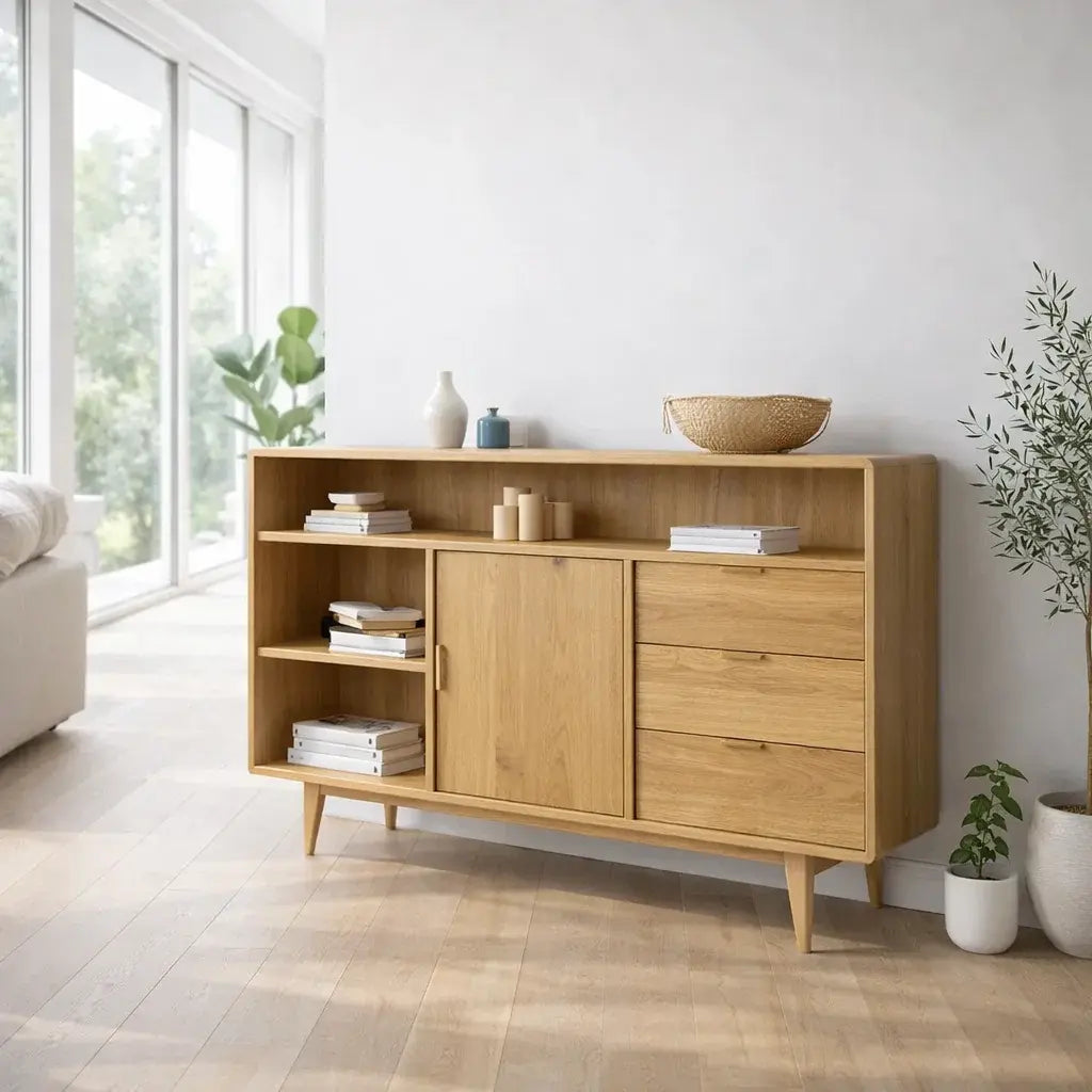 Modern Console Table with Shelves, Drawer & Cabinet Kitchnce