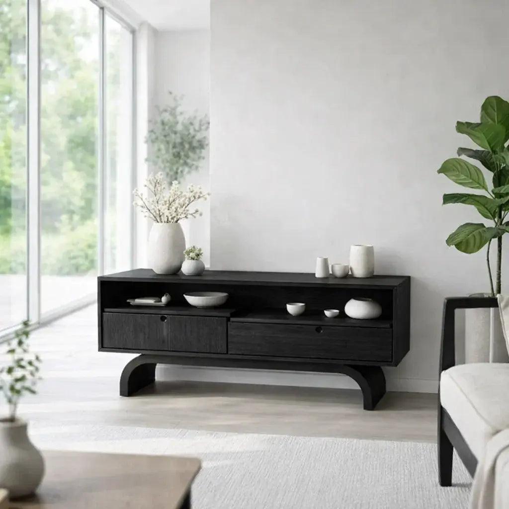 Modern Low Console Table with Drawers & Open Shelf Kitchnce
