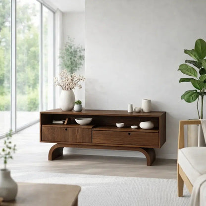 Modern Low Console Table with Drawers & Open Shelf Kitchnce