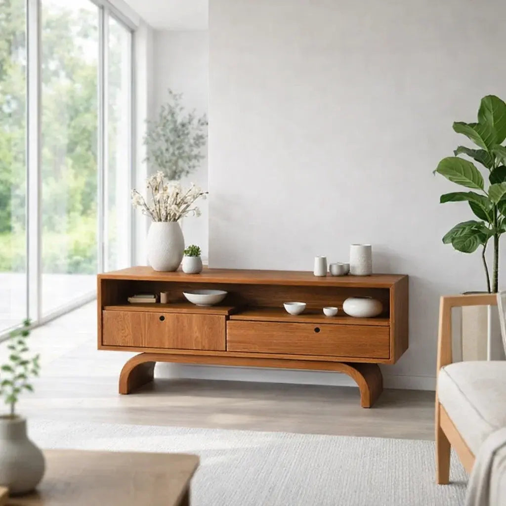 Modern Low Console Table with Drawers & Open Shelf Kitchnce