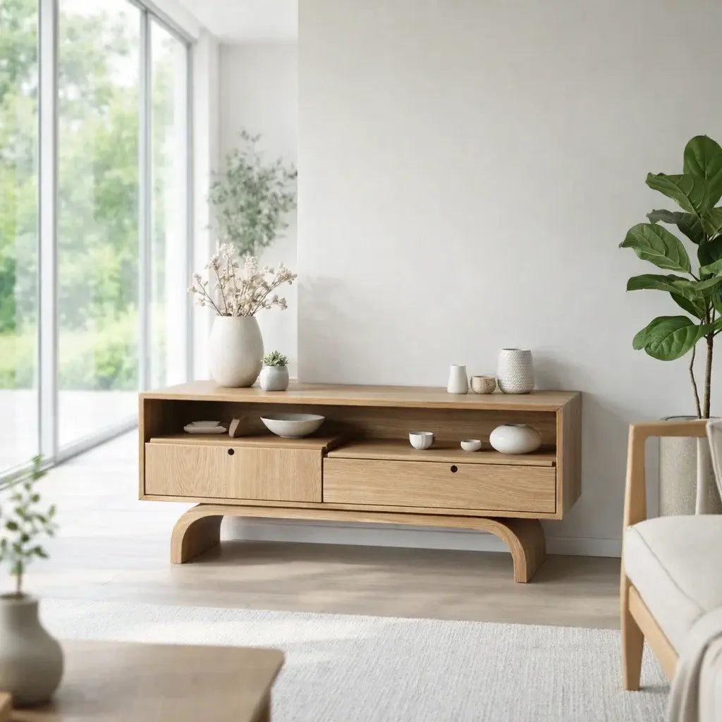 Modern Low Console Table with Drawers & Open Shelf Kitchnce