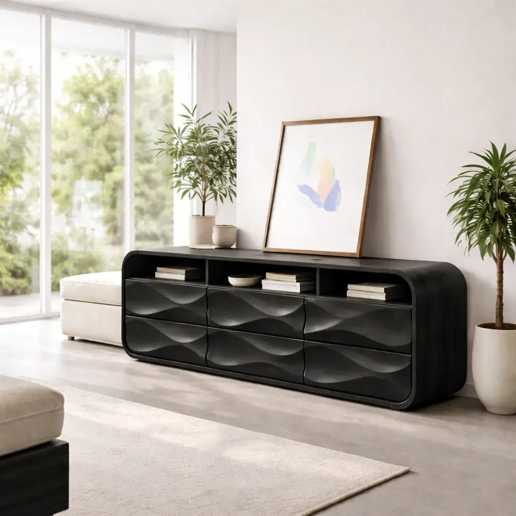 Modern Console Table with Sculpted Drawers & Open Shelf Kitchnce