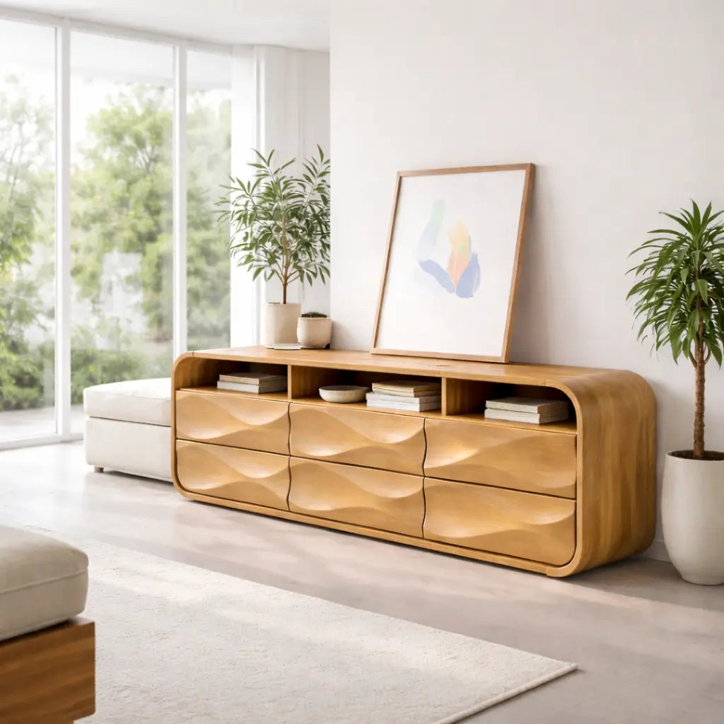 Modern Console Table with Sculpted Drawers & Open Shelf Kitchnce