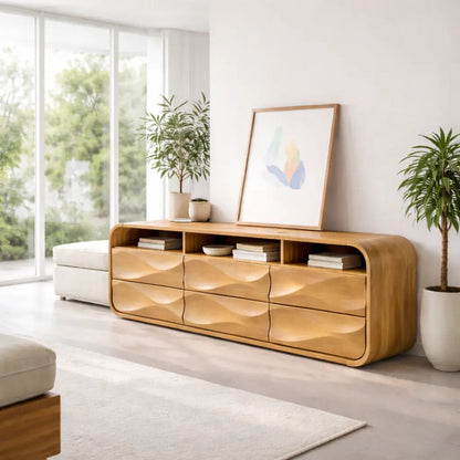 Modern Console Table with Sculpted Drawers & Open Shelf Kitchnce