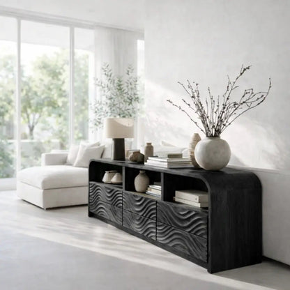 Modern Console Table with Carved Wave Drawers & Open Storage Kitchnce