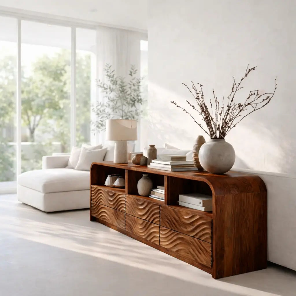 Modern Console Table with Carved Wave Drawers & Open Storage Kitchnce