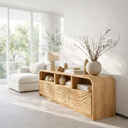Modern Console Table with Carved Wave Drawers & Open Storage Kitchnce