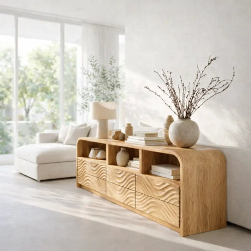 Modern Console Table with Carved Wave Drawers & Open Storage Kitchnce