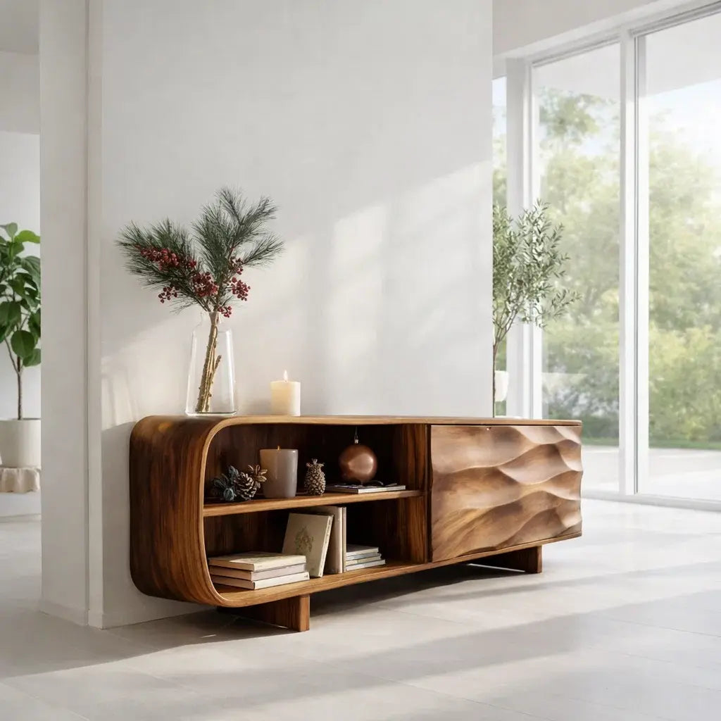 Modern Console Table with Curved Frame & Carved Front Panel Kitchnce