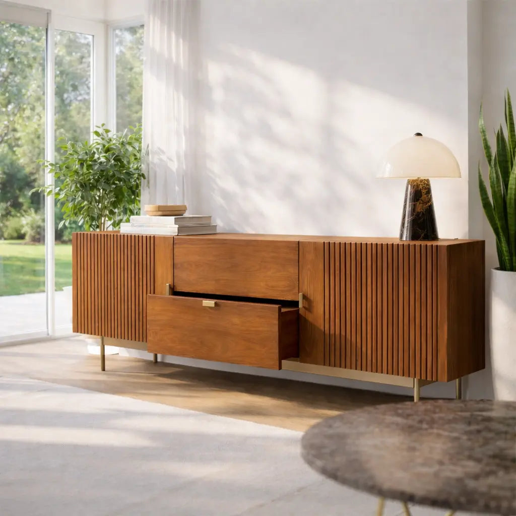 Modern Console Table with Fluted Doors & Center Drawer Kitchnce
