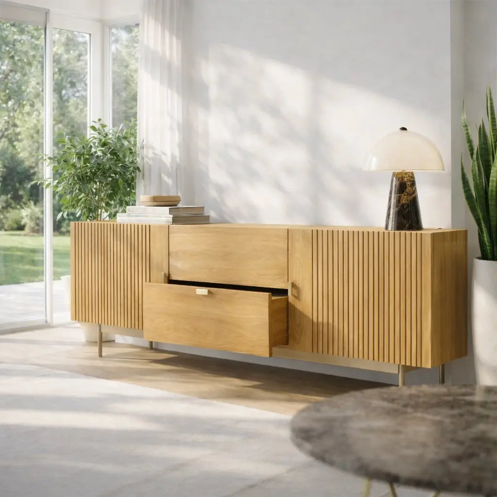 Modern Console Table with Fluted Doors & Center Drawer Kitchnce