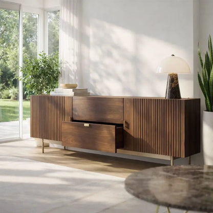 Modern Console Table with Fluted Doors & Center Drawer Kitchnce