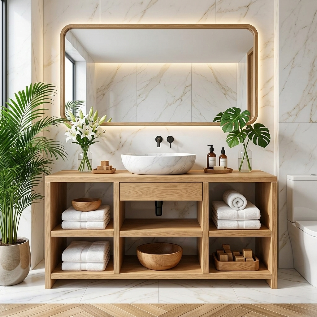 Contemporary Oak Bathroom Vanity with White Marble Sink & Open Shelving Kitchnce