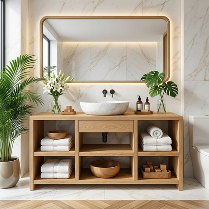 Contemporary Oak Bathroom Vanity with White Marble Sink & Open Shelving Kitchnce