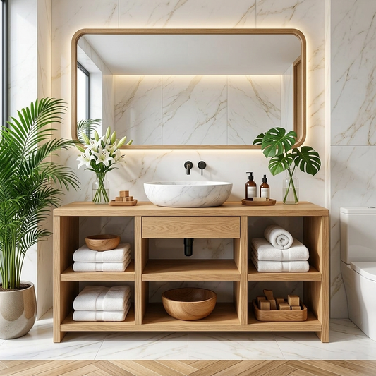 Contemporary Oak Bathroom Vanity with White Marble Sink & Open Shelving Kitchnce
