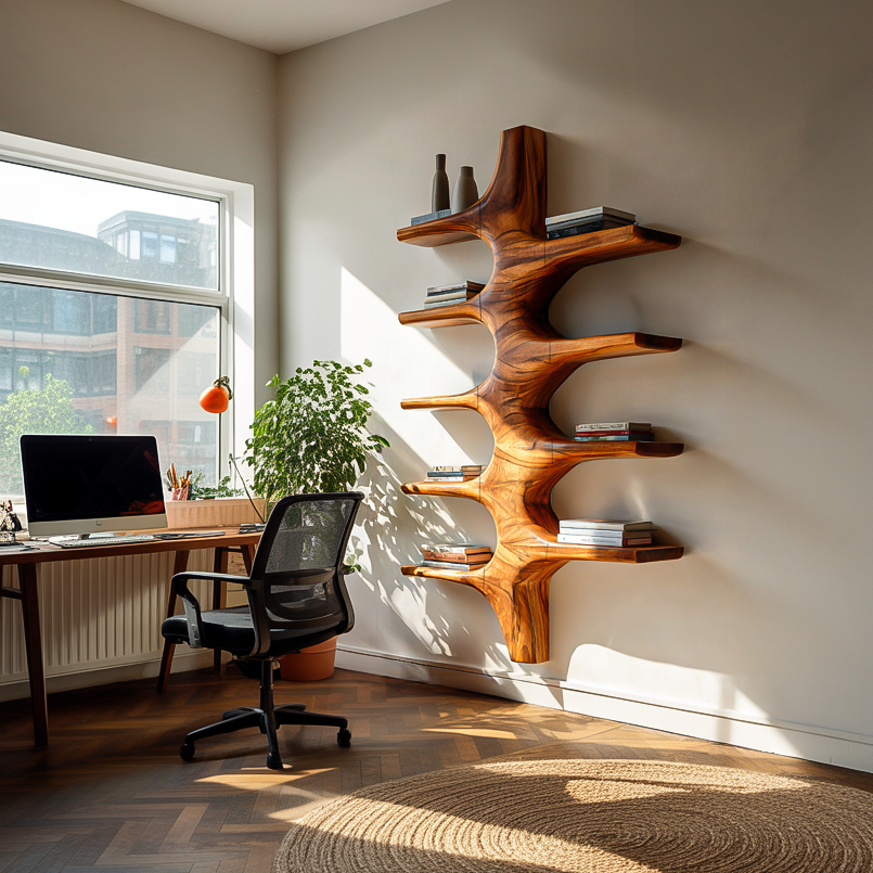 Sculptural Wood Wall Mounted Bookshelf For Modern Living Room Kitchnce