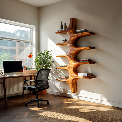 Sculptural Wood Wall Mounted Bookshelf For Modern Living Room Kitchnce