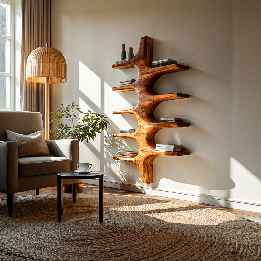 Sculptural Wood Wall Mounted Bookshelf For Modern Living Room Kitchnce