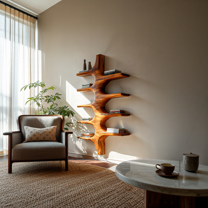 Sculptural Wood Wall Mounted Bookshelf For Modern Living Room Kitchnce