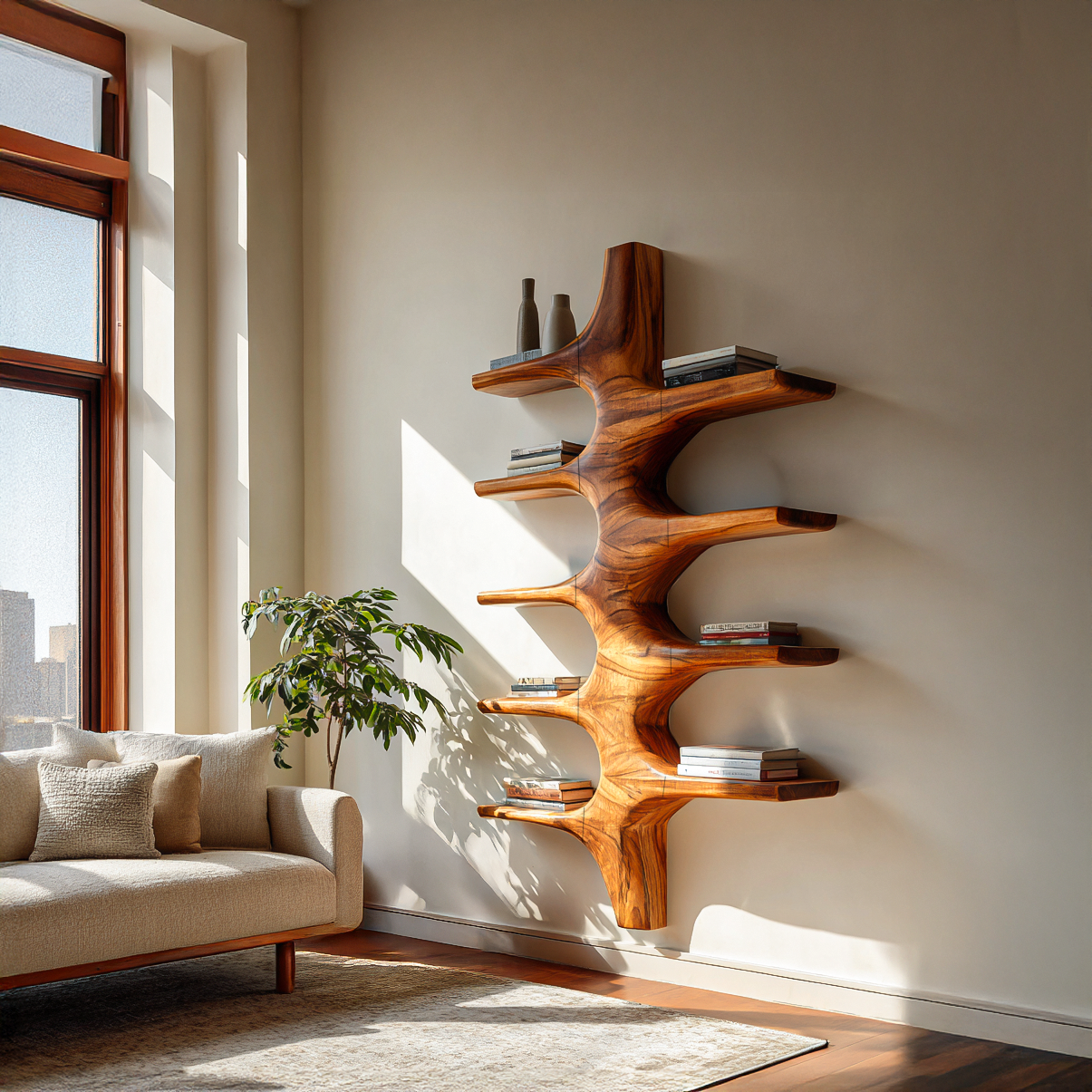 Sculptural Wood Wall Mounted Bookshelf For Modern Living Room Kitchnce