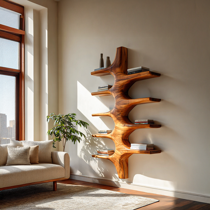 Sculptural Wood Wall Mounted Bookshelf For Modern Living Room Kitchnce
