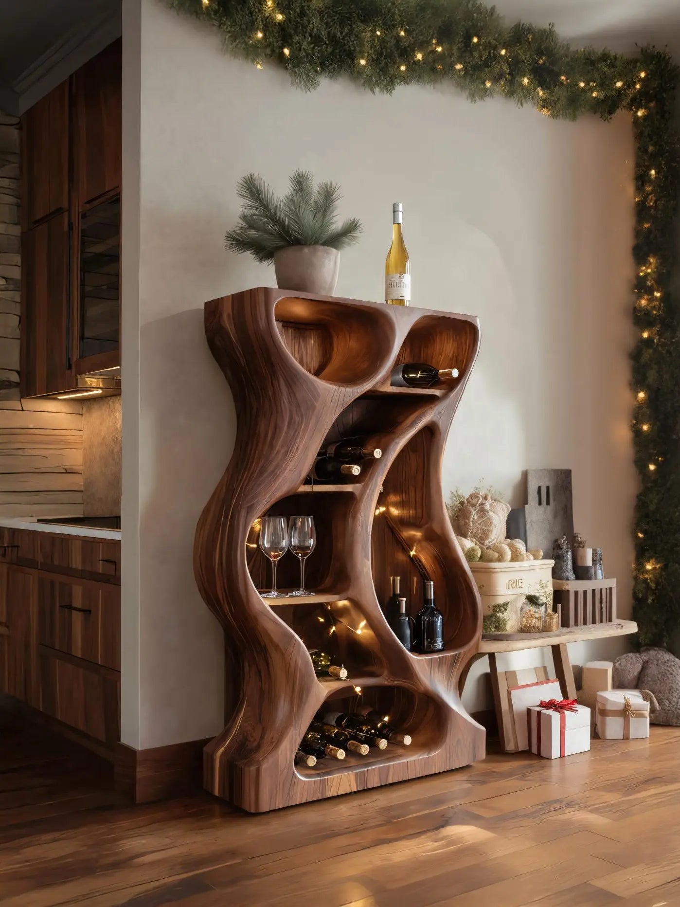 Modern Cabinet With Wave Carved Doors And Wine Storage For Kitchen Kitchnce
