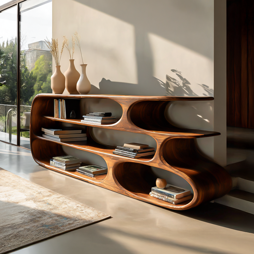 Modern Bookshelf With Sculptural Curves For Living Room Interior Kitchnce