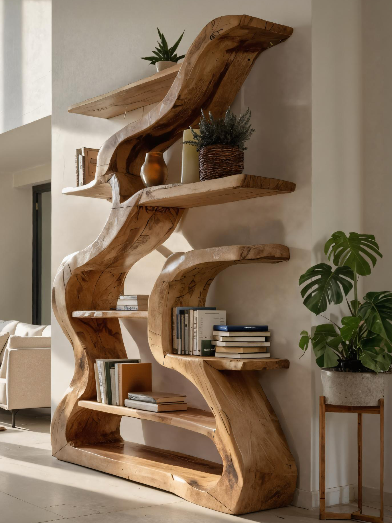 Organic Sculptural Bookshelf With Curved Design For Living Room Kitchnce