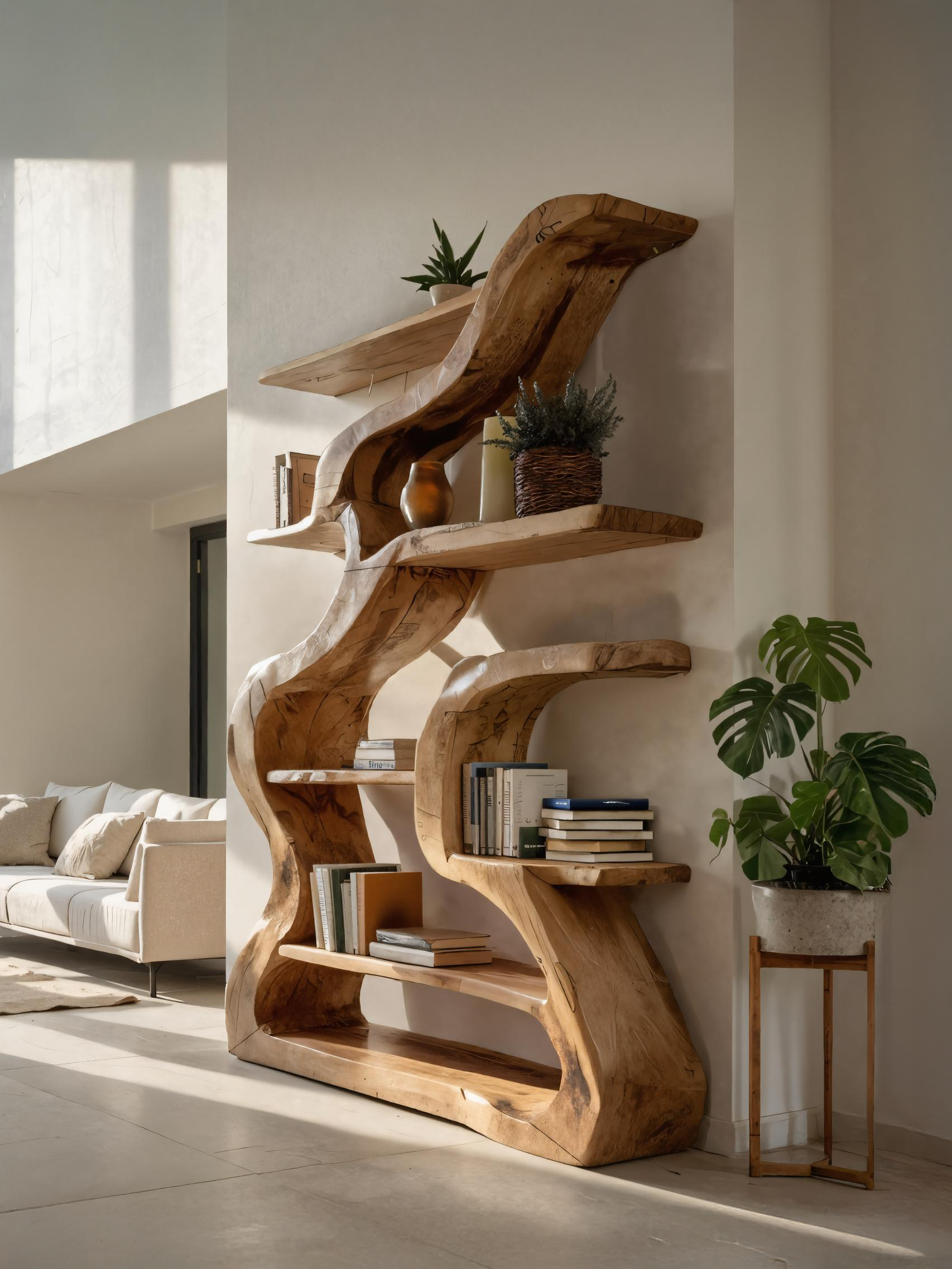 Organic Sculptural Bookshelf With Curved Design For Living Room Kitchnce